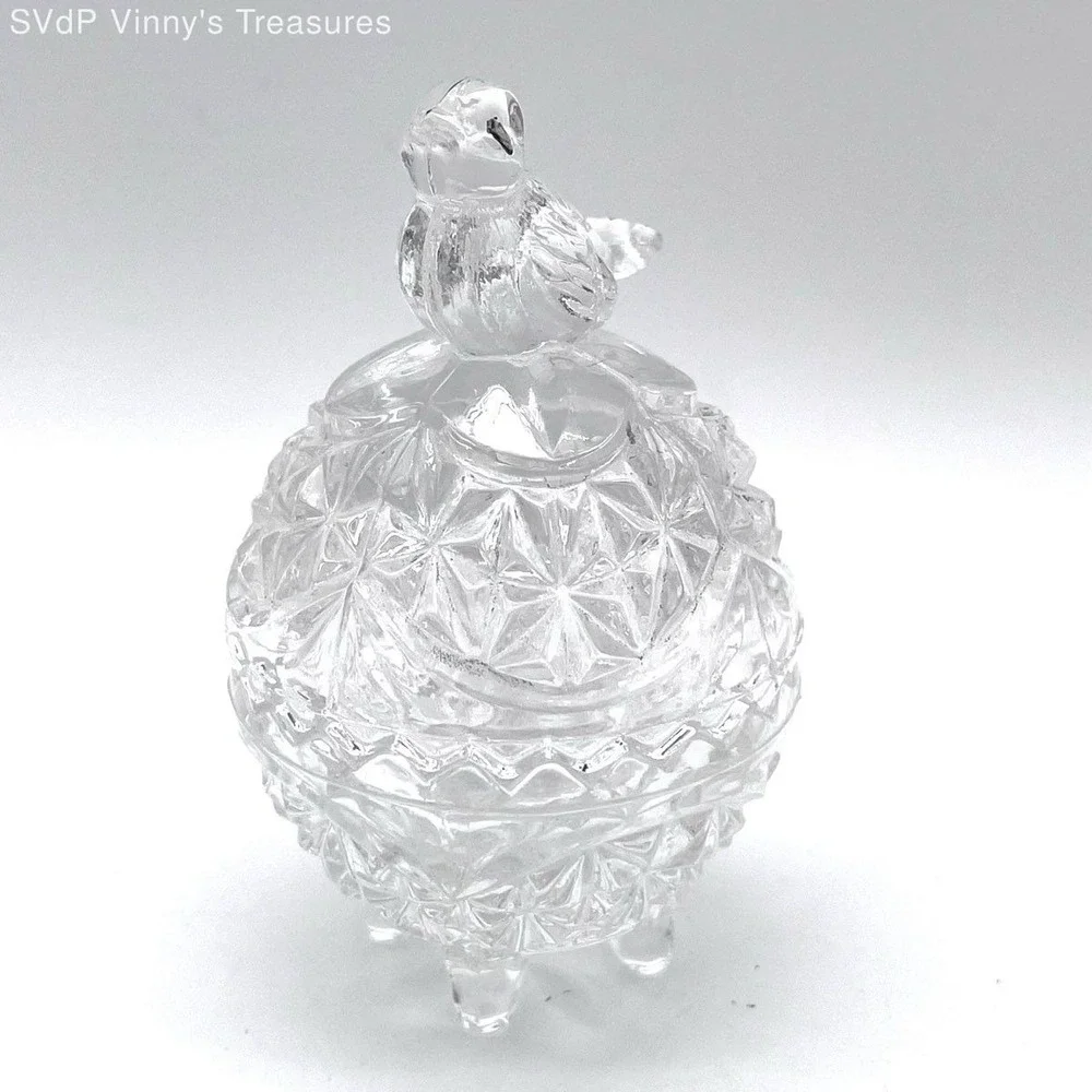 Vintage Clear Pressed Glass Bird Covered Candy Dish Trinket Box Pedestal Footed